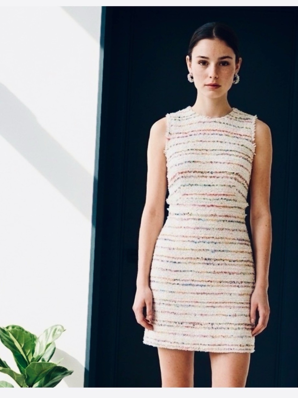 J. Crew Cream Tweed Sleeveless Mini Dress with Subtle Rainbow Stripes